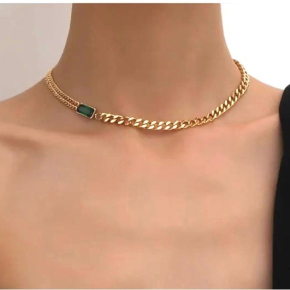 18K Gold Plated Vintage Emerald Asymmetric Cuban Necklace - Picture 2 of 12